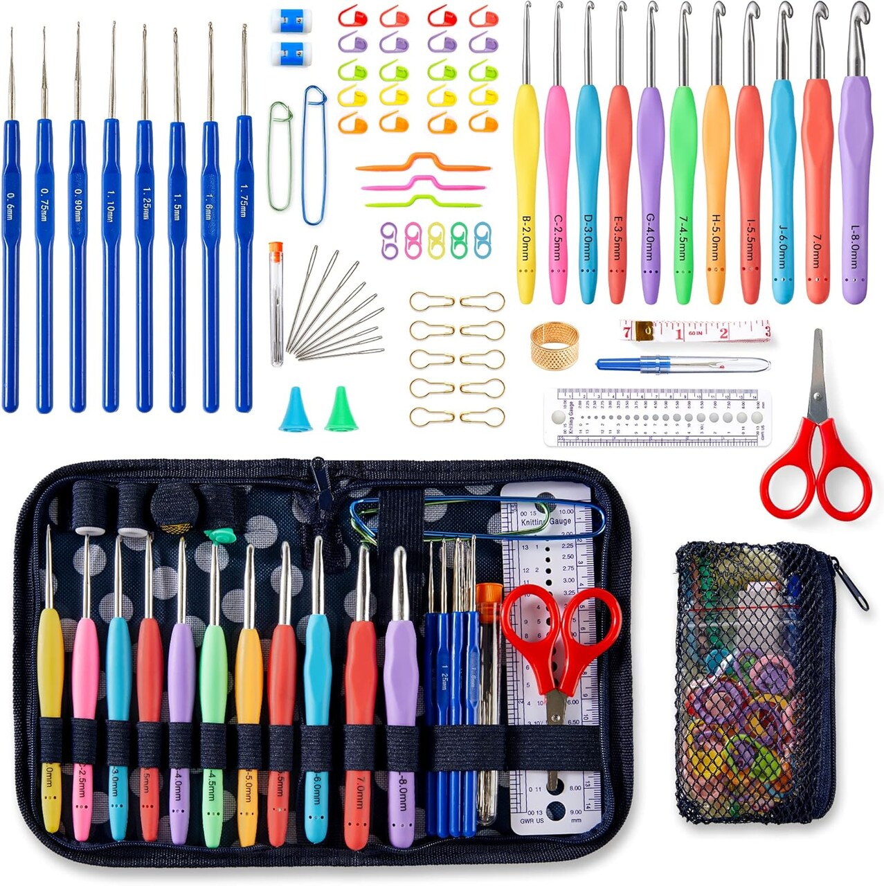 82 Pcs Crochet Hook Set, 19 Sizes 0.6mm-8mm(L), Ergonomic Soft Grip Handles Crochet Needles (11 Sizes) Kit with Bag
